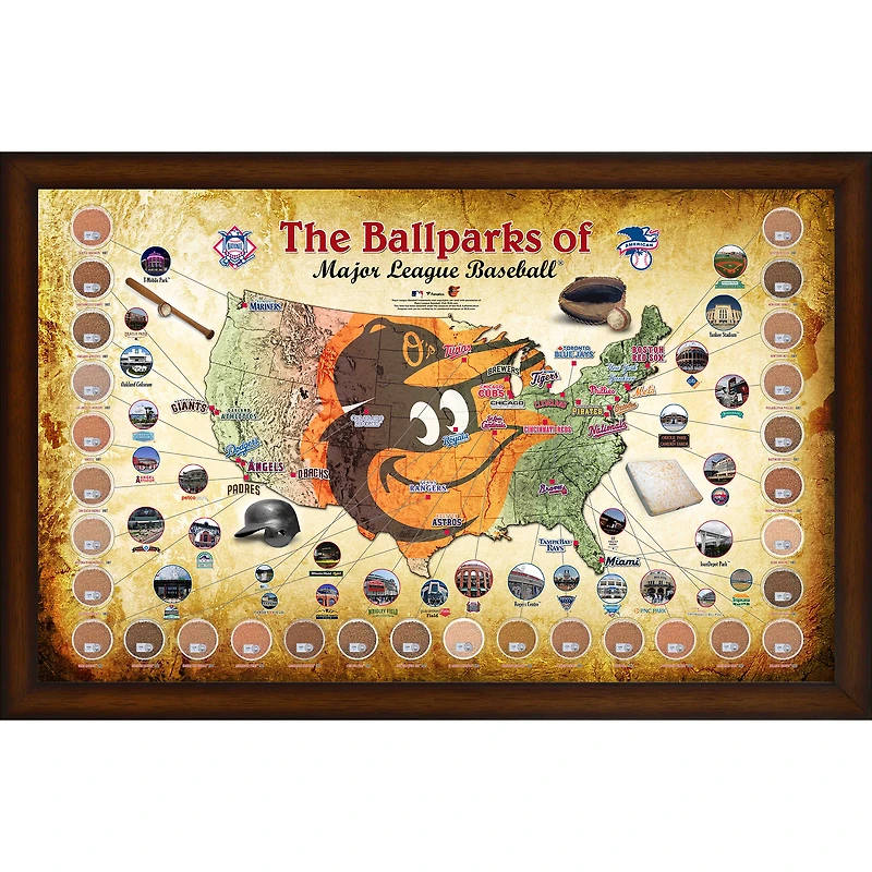 Collage encadré de la carte des parcs de la MLB des Orioles de Baltimore, 20" x 32", avec de la terre utilisée lors des matchs des 30 stades