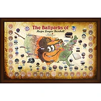 Collage encadré de la carte des parcs de la MLB des Orioles de Baltimore, 20" x 32", avec de la terre utilisée lors des matchs des 30 stades
