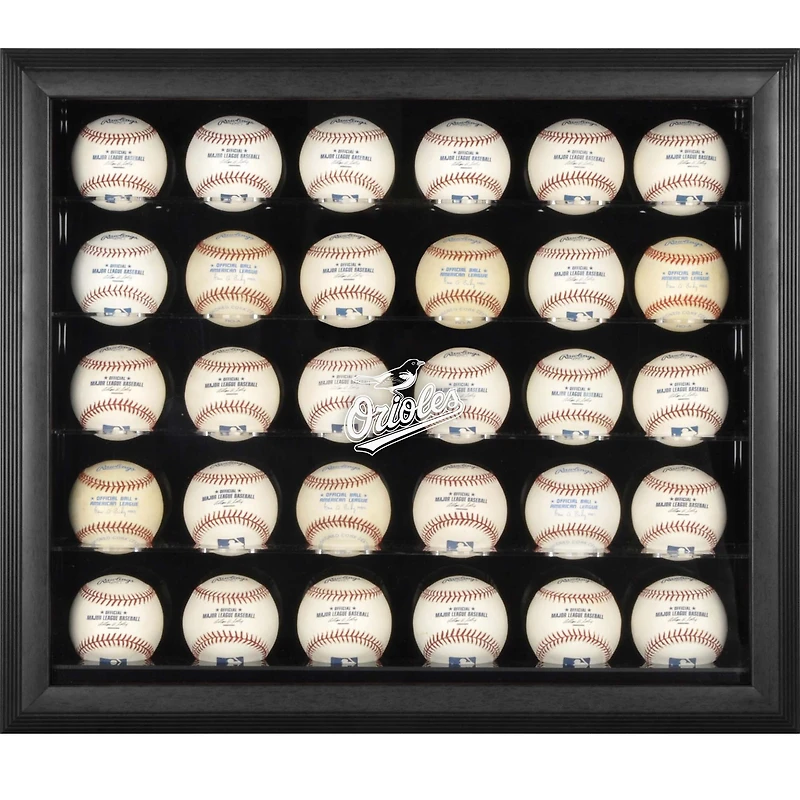 Vitrine à 30 boules de baseball encadrée noire avec logo des Orioles de Baltimore