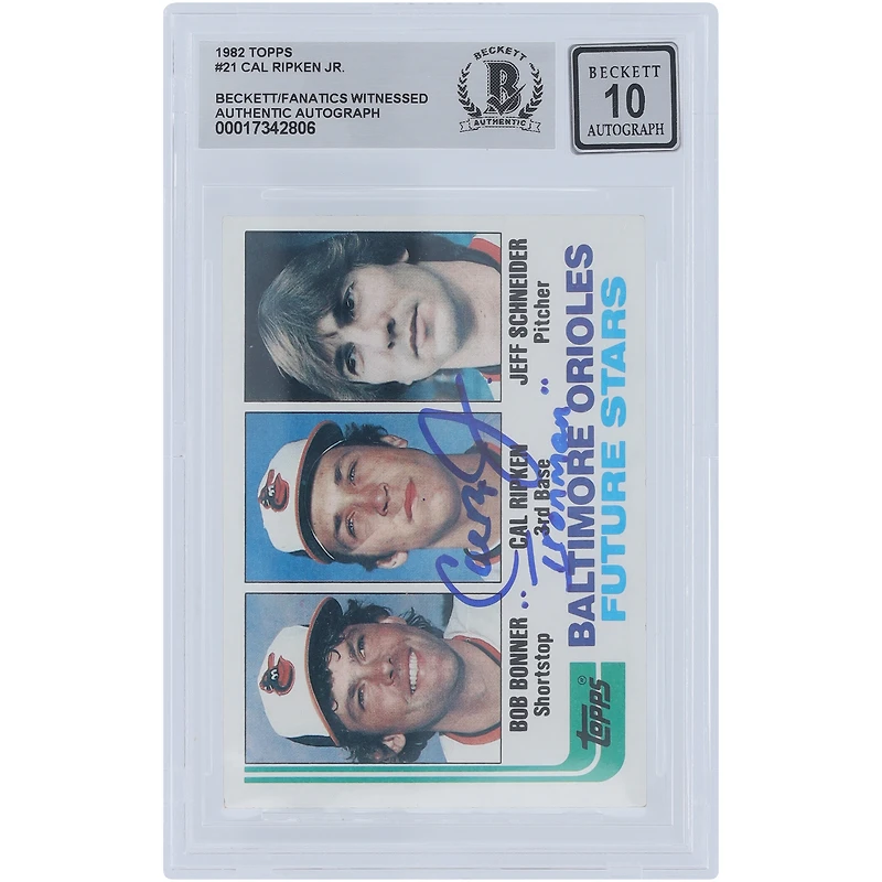 Cal Ripken Jr. Baltimore Orioles Autographed 1982 Topps #21 Beckett Fanatics Witnessed Authenticated 10 Rookie Card with "Ironman" Inscription