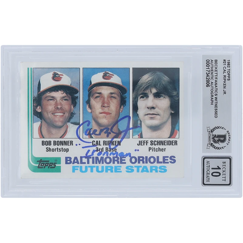 Cal Ripken Jr. Baltimore Orioles Autographed 1982 Topps #21 Beckett Fanatics Witnessed Authenticated 10 Rookie Card with "Ironman" Inscription