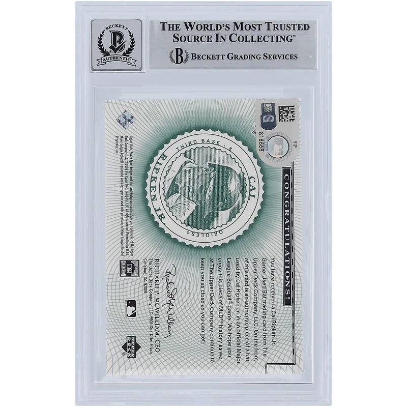 Cal Ripken Jr. Baltimore Orioles Autographed 2002 Upper Deck Sweet Spots Classics Game Bat Relic #B-CR Beckett Fanatics Witnessed Authenticated 9/10 Card 