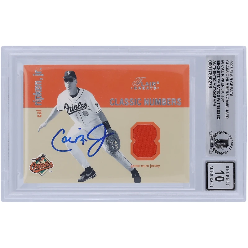 Cal Ripken Jr. Baltimore Orioles Autographié 2003 Fleer Flair Greats Classic Numbers Jersey Relic #CRJ Beckett Fanatics Witnessed Authenticated 10 Card