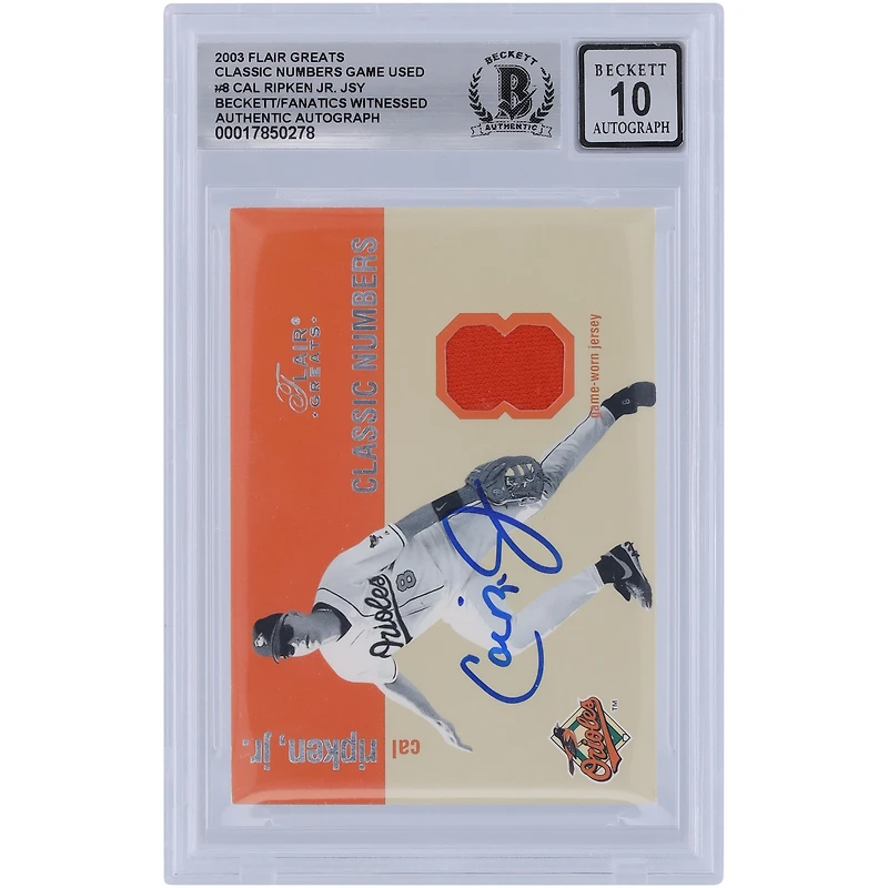 Cal Ripken Jr. Baltimore Orioles Autographié 2003 Fleer Flair Greats Classic Numbers Jersey Relic #CRJ Beckett Fanatics Witnessed Authenticated 10 Card
