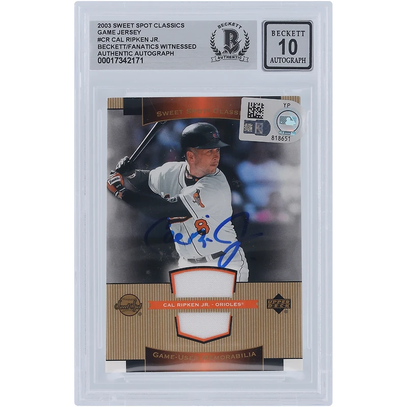 Cal Ripken Jr. Baltimore Orioles Autographed 2003 Upper Deck Sweet Spots Classics Game Jersey Relic #SJ-CR Beckett Fanatics Witnessed Authenticated Card