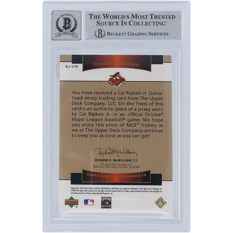 Cal Ripken Jr. Baltimore Orioles Autographed 2003 Upper Deck Sweet Spots Classics Game Jersey Relic #SJ-CR Beckett Fanatics Witnessed Authenticated Card
