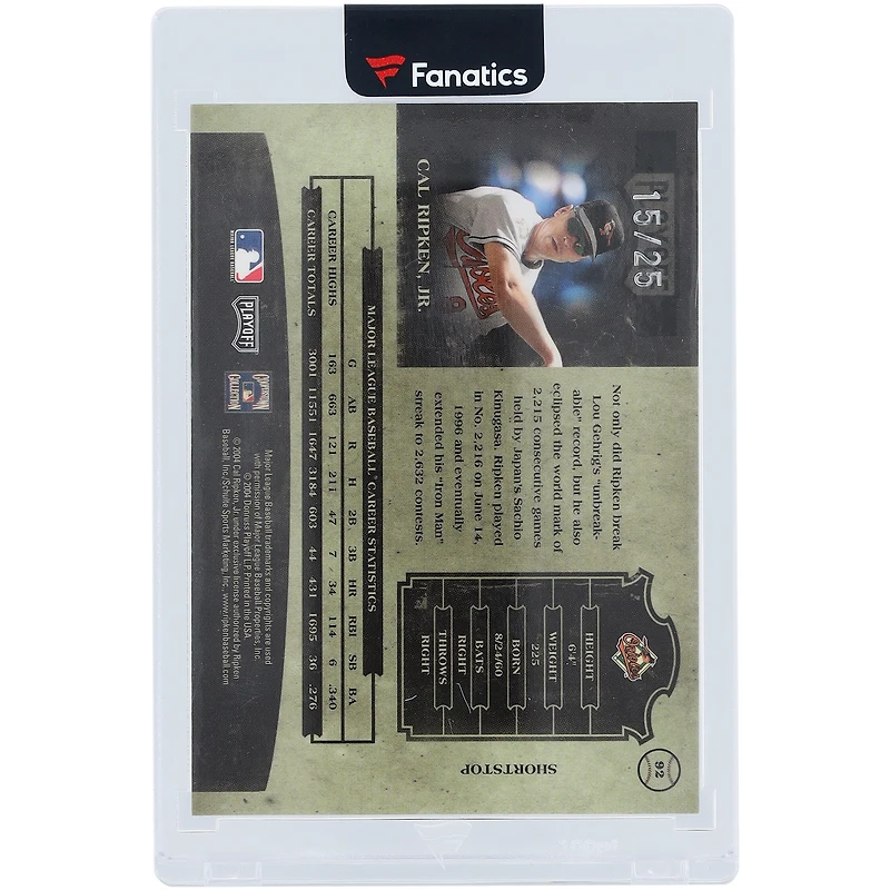 Cal Ripken Jr. Baltimore Orioles Autographed 2004 Playoff Prime Cuts Century #92 #15/25 Card