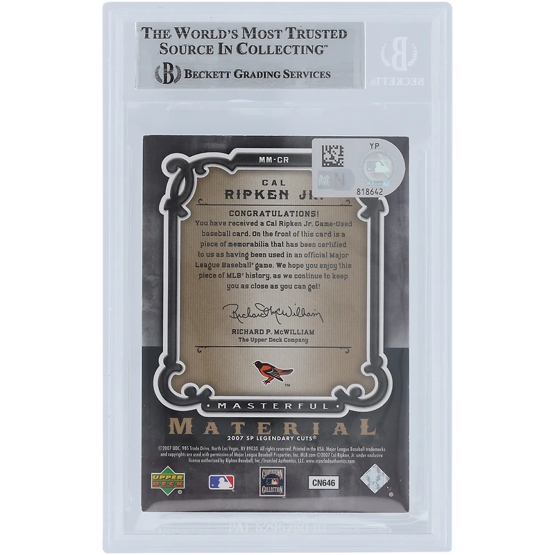 Cal Ripken Jr. Baltimore Orioles Autographed 2007 Upper Deck SP Legendary Cuts Masterful Materials Jersey Relic #MM-CR Beckett Fanatics Witnessed Authenticated Card 