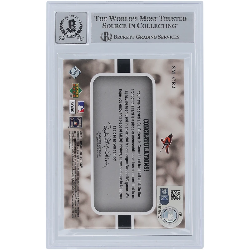 Cal Ripken Jr. Baltimore Orioles Autographed 2007 Upper Deck Ultimate Collection Ultimate Stars Materials Black Jersey Relic #SM-CR2 Beckett Fanatics Witnessed Authenticated 10 Card 