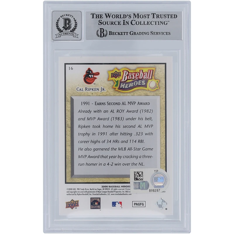 Cal Ripken Jr. Baltimore Orioles autographié 2008 Upper Deck Baseball Heroes #16 Beckett Fanatics Witnessed Authenticated 9/10 Card