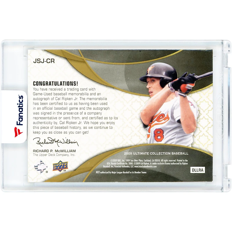 Carte Cal Ripken Jr. des Orioles de Baltimore, autographiée, collection Upper Deck Ultimate 2009, relique de maillot jumbo signature #JSJ-CR #7/8