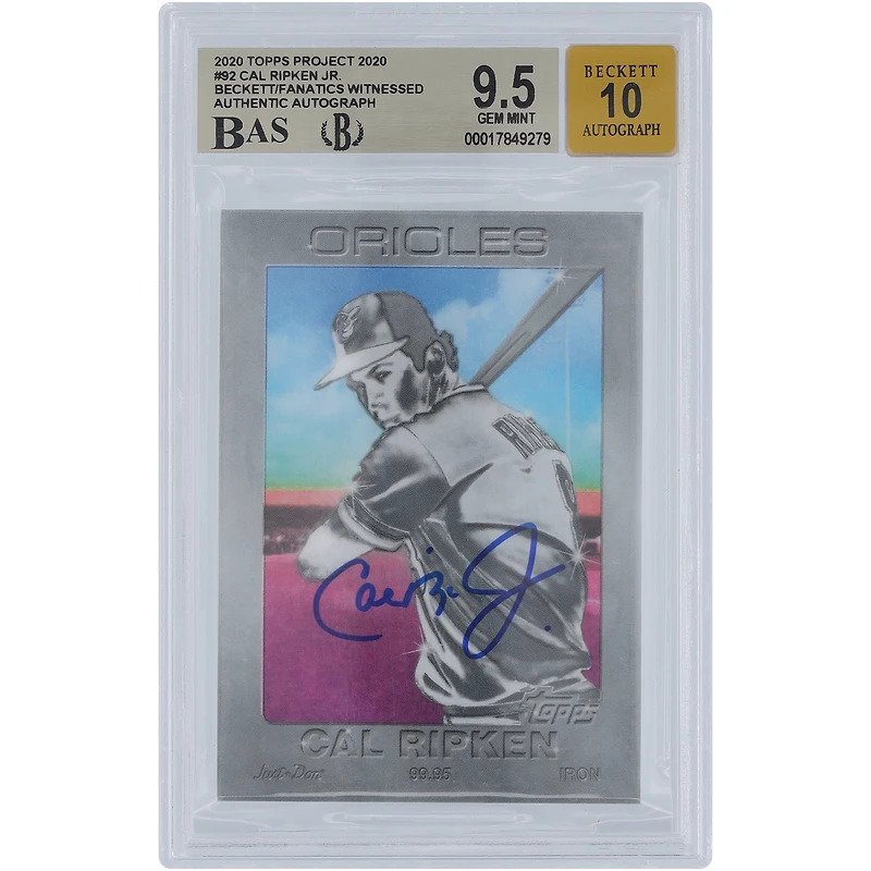 Carte autographiée 2020 Topps Project 2020 n° 92 Beckett par Cal Ripken Jr. Baltimore Orioles, authentifiée et témoin des fanatiques, 9,5/10