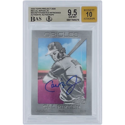 Carte autographiée 2020 Topps Project 2020 n° 92 Beckett par Cal Ripken Jr. Baltimore Orioles, authentifiée et témoin des fanatiques, 9,5/10
