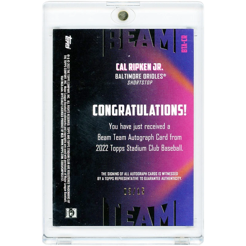 Cal Ripken Jr. Baltimore Orioles Autographed 2022 Topps Stadium Club Beam Team #BTA-CR #3/15 Card