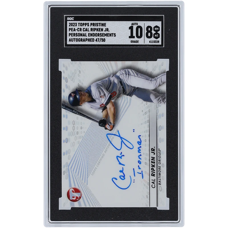 Cal Ripken Jr. Baltimore Orioles Autographed 2023 Topps Pristine Personal Endorsement #PEA-CR #47/50 SGC Authenticated 8/10 Card with "Ironman" Inscription