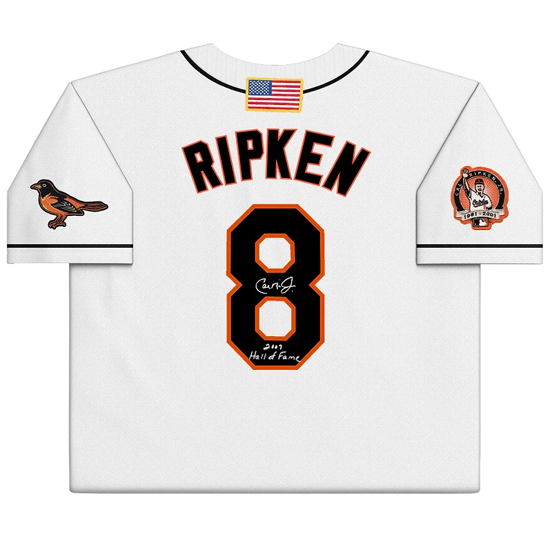 Maillot authentique autographié par Mitchell & Ness des Baltimore Orioles de Cal Ripken Jr. avec inscription « 2007 Hall of Fame »