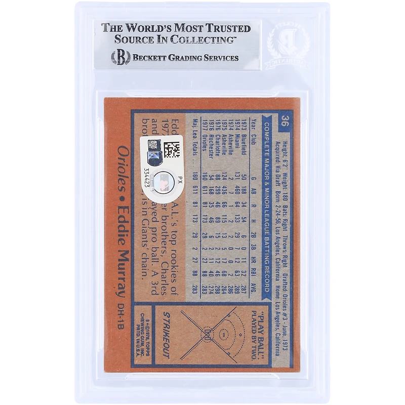 Eddie Murray Baltimore Orioles Autographed 1978 Topps #36 Beckett Fanatics Witnessed Authenticated Rookie Card