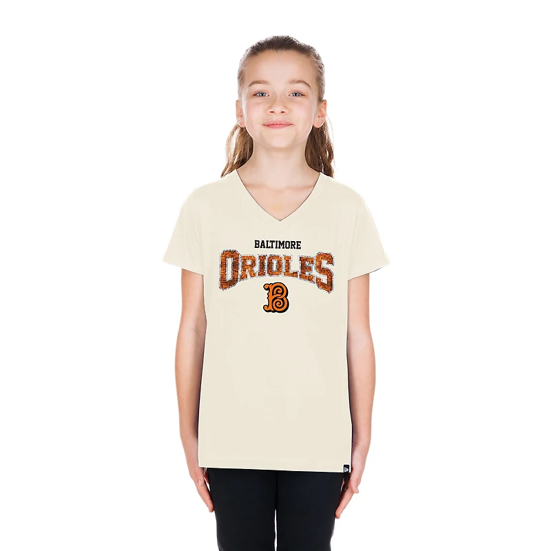 Girls Youth New Era Cream Baltimore Orioles 2026 City Connect Flip Sequin V-Neck T-Shirt