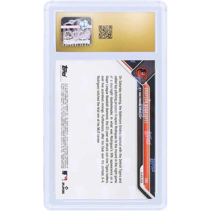 V106832 Oriole Grayson Rodriguez Baltimore Orioles 2023 Topps élimine désormais neuf frappeurs en route vers la première victoire de la MLB #200 CGC Carte recrue authentifiée vierge 10 30 Grayson Rodriguez UNS TPP CARTES À ÉCHANGER 45664 COLTRC CC01BB1570 #110