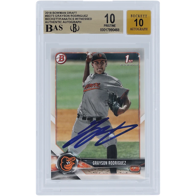 Grayson Rodriguez Baltimore Orioles Autographié 2018 Bowman Draft 1er Bowman #BD-73 Beckett Fanatics Witnessed Authenticated 10/10 Card - 10,9.5,10,10 Subgrades