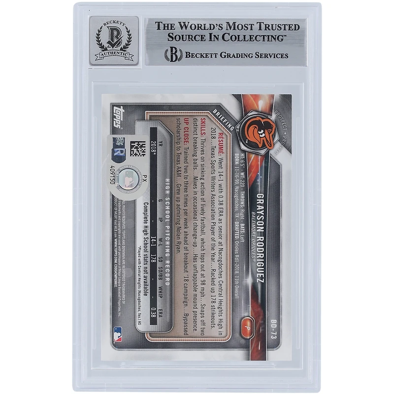 Grayson Rodriguez Baltimore Orioles Autographié 2018 Bowman Draft 1er Bowman #BD-73 Beckett Fanatics Témoin Authentifié 10 Carte