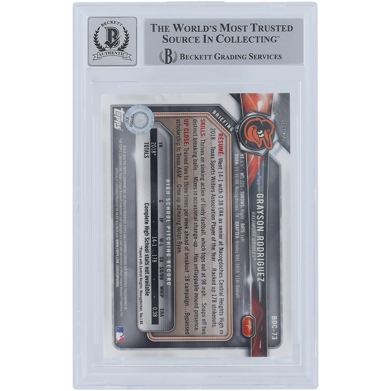 Grayson Rodriguez Baltimore Orioles Carte Bowman Draft Chrome #BDC-73 Beckett Fanatics a été témoin d'une carte 10 authentifiée dédicacée 2018 avec l'inscription "MLB Debut 4-5-23"