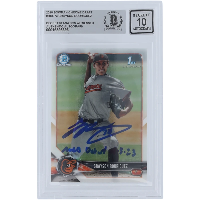 Grayson Rodriguez Baltimore Orioles Carte Bowman Draft Chrome #BDC-73 Beckett Fanatics a été témoin d'une carte 10 authentifiée dédicacée 2018 avec l'inscription "MLB Debut 4-5-23"