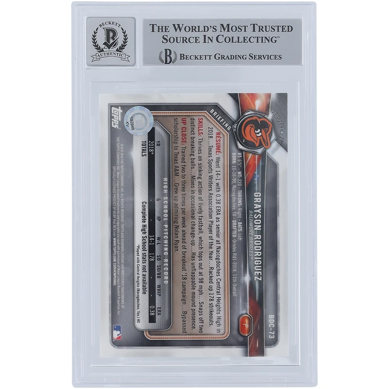 Carte autographiée 9/10 Bowman Draft Chrome #BDC-73 Beckett Fanatics Witnessed 2018 des Orioles de Baltimore