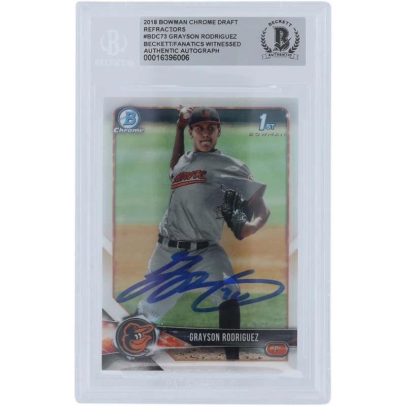Carte autographiée Bowman Draft Chrome #BDC-73 Beckett Fanatics Witnessed Authenticated de Grayson Rodriguez Baltimore Orioles 2018