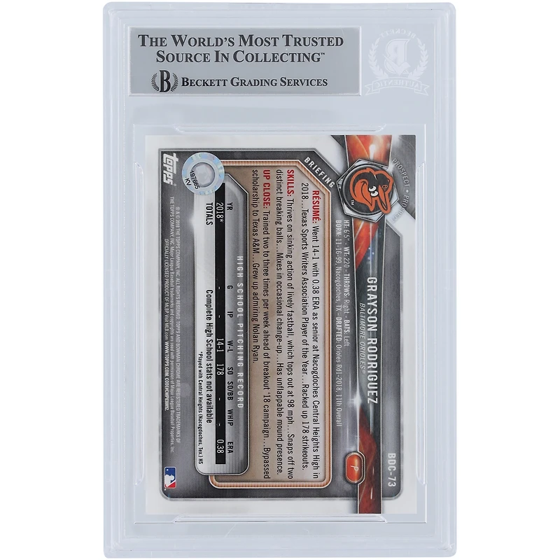 Grayson Rodriguez Baltimore Orioles Carte autographiée Bowman Draft 2018 Chrome #BDC-73 Beckett Fanatics Witnessed Authenticated avec l'inscription "MLB Debut 4-5-23"