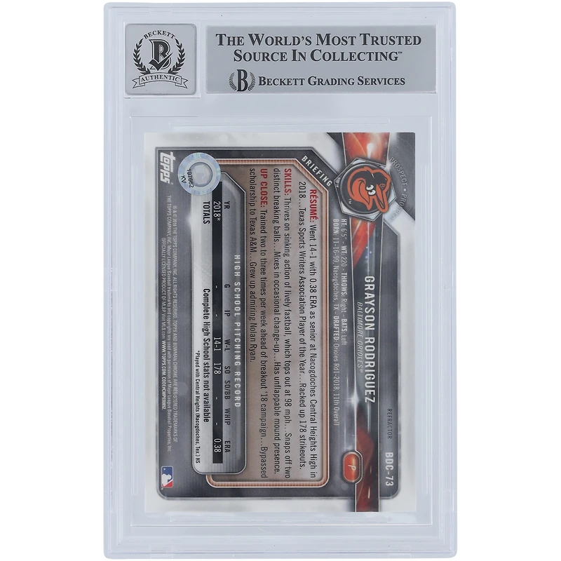 Carte autographiée 9/10 des Orioles de Baltimore Bowman Draft 2018, réfracteurs chromés #BDC-73 Beckett Fanatics Witnessed