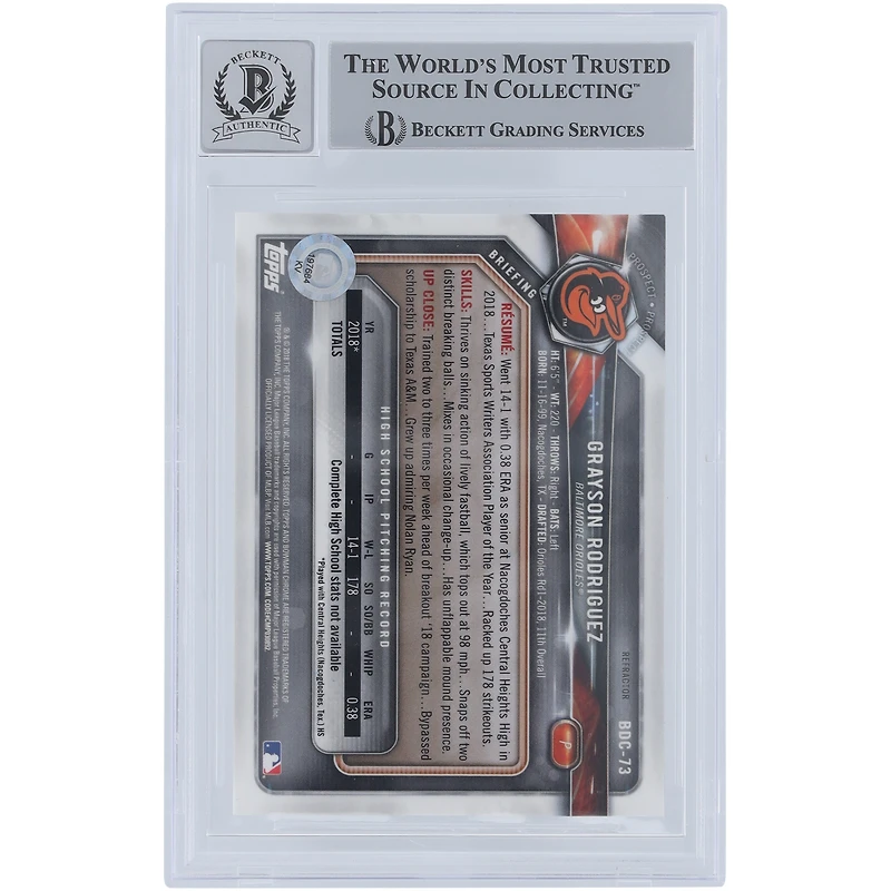 Grayson Rodriguez Baltimore Orioles Autographié 2018 Bowman Draft Chrome Refractors #BDC-73 Beckett Fanatics Witnessed Carte 9/10 authentifiée avec l'inscription "MLB Debut 4-5-23"