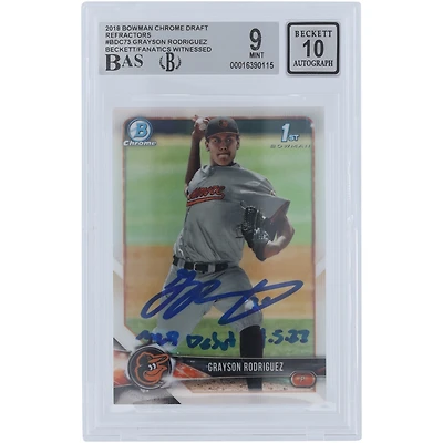 Grayson Rodriguez Baltimore Orioles Autographié 2018 Bowman Draft Chrome Refractors #BDC-73 Beckett Fanatics Witnessed Carte 9/10 authentifiée avec l'inscription "MLB Debut 4-5-23"