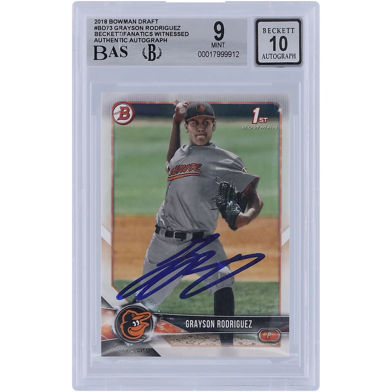Grayson Rodriguez Baltimore Orioles autographié 2018 Bowman Draft #BD-73 Beckett Fanatics Witnessed Authenticated 9/10 Card