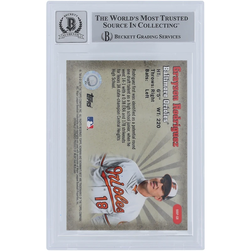 Grayson Rodriguez Baltimore Orioles Autographié 2018 Bowman's Best 98 Meilleurs Performers Refractors #98BP-GR Beckett Fanatics Witnessed Authenticated 10 Card