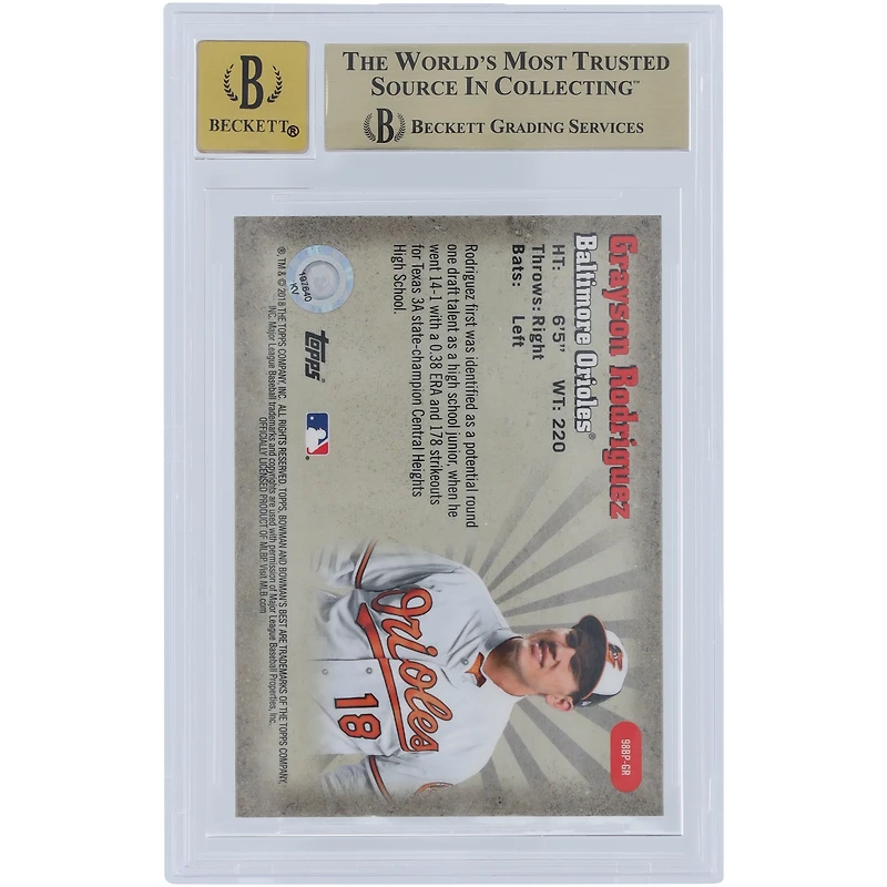 Carte autographiée 9,5/10 des meilleurs 98 meilleurs interprètes de Bowman's 2018 de Grayson Rodriguez Baltimore Orioles Refractors #98BP-GR Beckett Fanatics Witnessed Authenticated