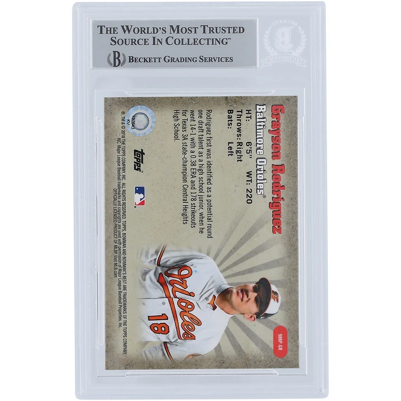 Grayson Rodriguez Baltimore Orioles a autographié la carte authentifiée des 98 meilleurs interprètes de Bowman 2018, réfracteurs #98BP-GR Beckett Fanatics