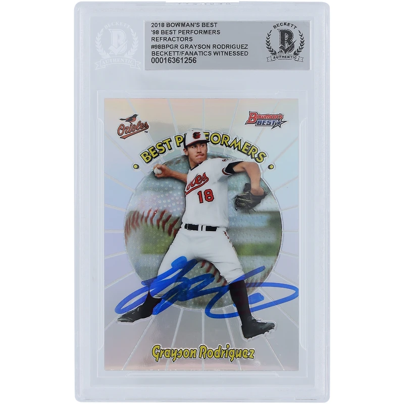 Grayson Rodriguez Baltimore Orioles a autographié la carte authentifiée des 98 meilleurs interprètes de Bowman 2018, réfracteurs #98BP-GR Beckett Fanatics