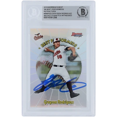 Grayson Rodriguez Baltimore Orioles a autographié la carte authentifiée des 98 meilleurs interprètes de Bowman 2018, réfracteurs #98BP-GR Beckett Fanatics