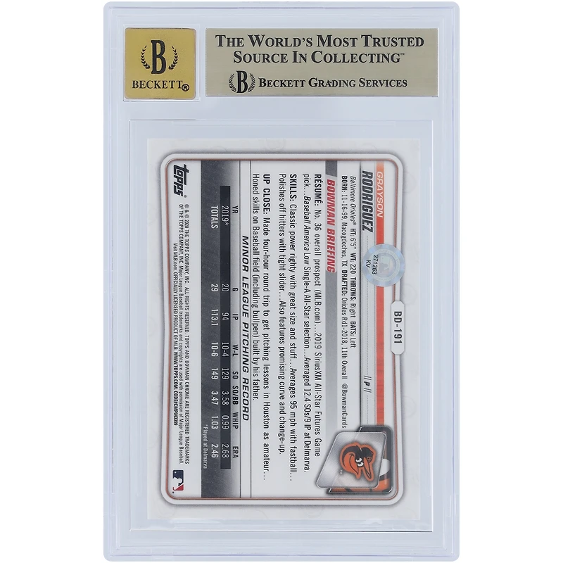 Grayson Rodriguez Baltimore Orioles Autographed 2020 Bowman Chrome Draft Sapphire #BD-191 Beckett Fanatics Witnessed Authenticated /10 Card