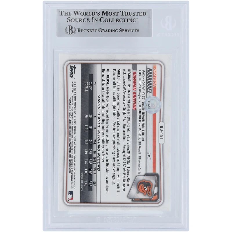 Grayson Rodriguez Baltimore Orioles Autographed 2020 Bowman Chrome Draft Sapphire #BD-191 Beckett Fanatics Witnessed Authenticated Card