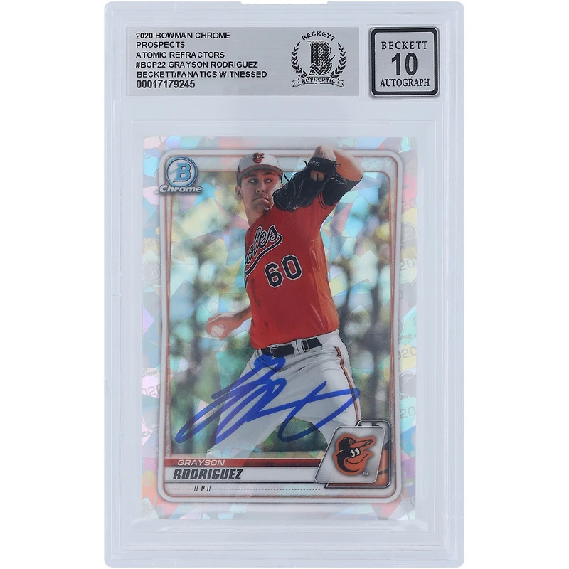Grayson Rodriguez Baltimore Orioles Autographed 2020 Bowman Chrome Prospects Atomic Refractor #BCP-22 Beckett Fanatics Witnessed Authenticated 10 Card