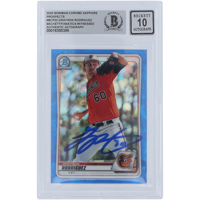Carte autographiée 2020 Bowman Chrome Prospects Sapphire #BCP-22 Beckett Fanatics Witnessed Authenticated 10 Card de Grayson Rodriguez Baltimore Orioles