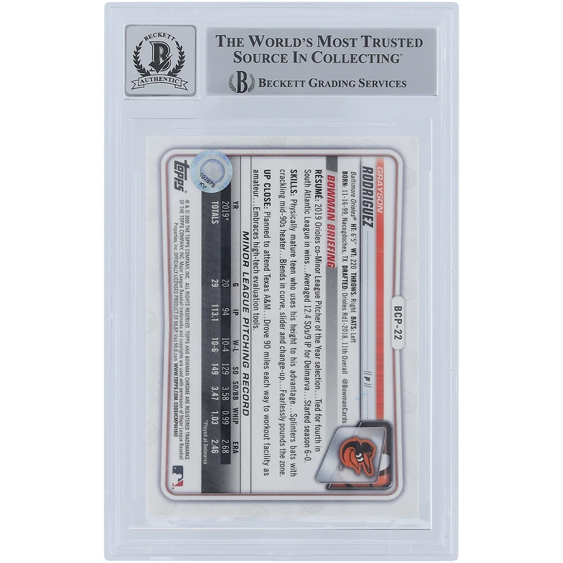 Carte authentifiée signée Grayson Rodriguez Baltimore Orioles Bowman Chrome Prospects Sapphire #BCP-22 2020 Beckett Fanatics avec l'inscription "MLB Debut 4-5-23