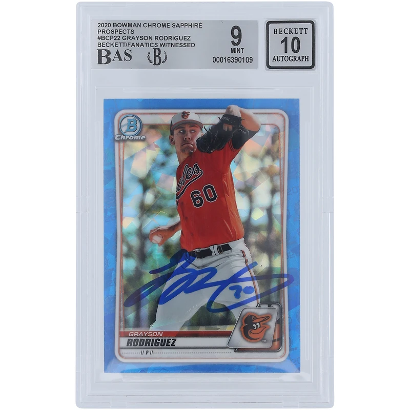 Carte autographiée 9/10 des Prospects Chrome Bowman 2020 Sapphire #BCP-22 de Beckett Fanatics, signée Grayson Rodriguez par les Orioles de Baltimore
