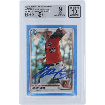 Carte autographiée 9/10 des Prospects Chrome Bowman 2020 Sapphire #BCP-22 de Beckett Fanatics, signée Grayson Rodriguez par les Orioles de Baltimore