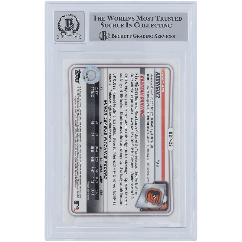 Carte autographiée 9/10 des Prospects Chrome Bowman 2020 Sapphire #BCP-22 de Beckett Fanatics, signée Grayson Rodriguez par les Orioles de Baltimore, avec l'inscription « MLB Debut 4-5-23 »