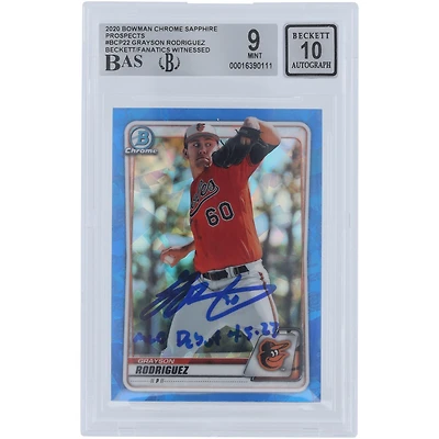 Carte autographiée 9/10 des Prospects Chrome Bowman 2020 Sapphire #BCP-22 de Beckett Fanatics, signée Grayson Rodriguez par les Orioles de Baltimore, avec l'inscription « MLB Debut 4-5-23 »