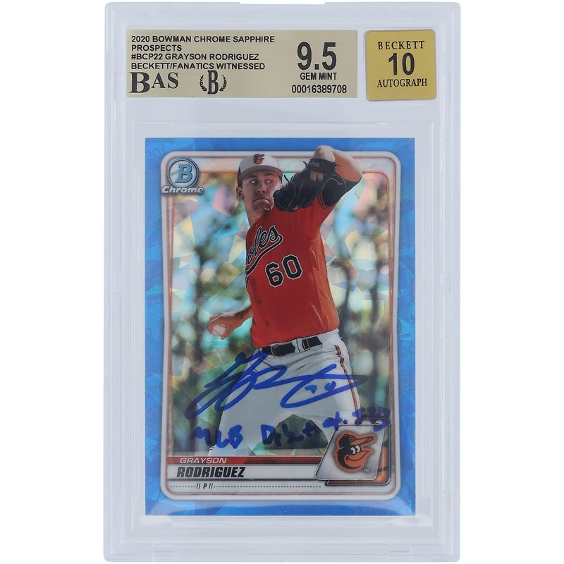 Carte autographiée 9,5/10 des Prospects Chrome Bowman 2020 Sapphire #BCP-22 de Beckett Fanatics Witnessed Baltimore Orioles avec l'inscription "MLB Debut 4-5-23"