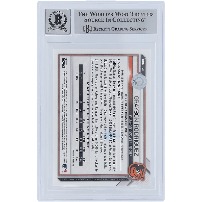 Grayson Rodriguez Baltimore Orioles Autographed 2021 Bowman Chrome Draft Sapphire #BDC-136 Beckett Fanatics Witnessed Authenticated 10 Card